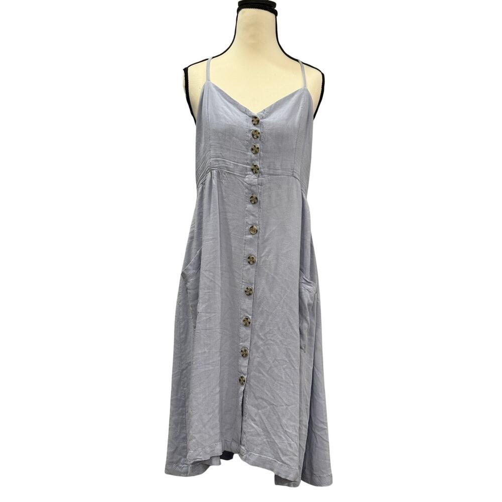 Lagenlook Rayon Midi Dress XL Button Front Pockets Artsy Minimalist Blue READ
